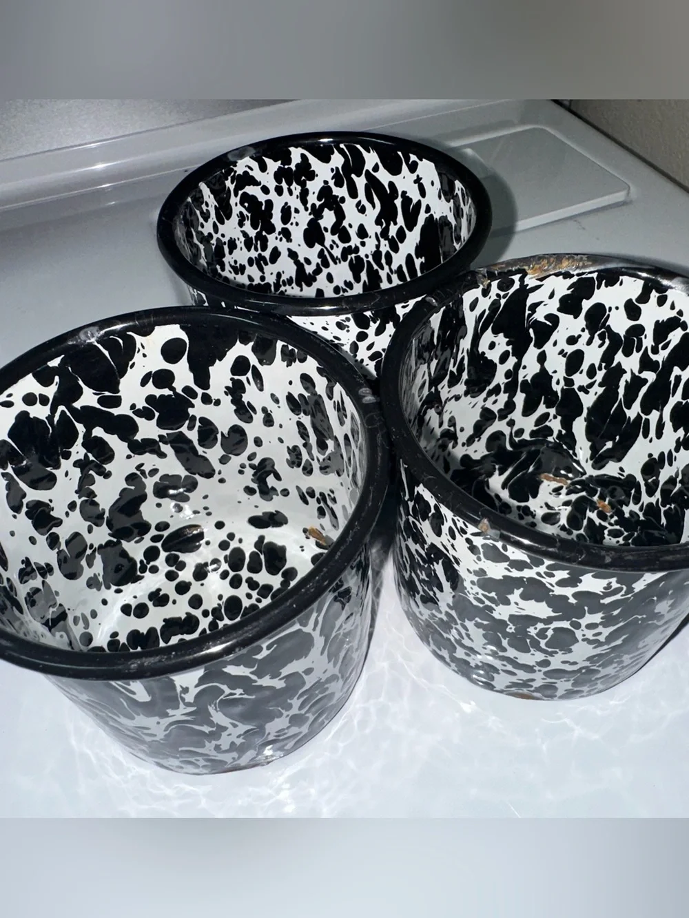 Lot of 3 Graniteware Speckled Black/White Enamel Mugs w/ Wear - Primitive